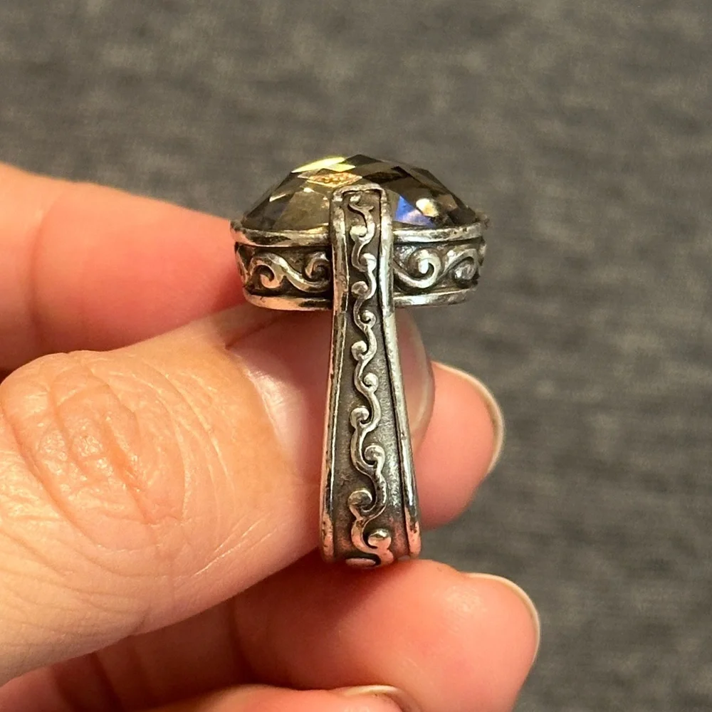 Brighton Square Smoky Quartz Gem Silver Cocktail Ring w Decorative Design, Sz 7 - Picture 8 of 10